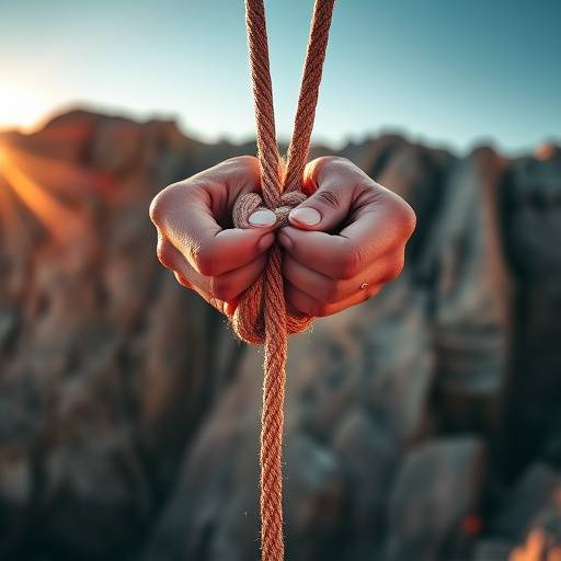 A close-up of a hiker's hands tying a secure knot on a climbing rope, with a rocky cliff face in the background.