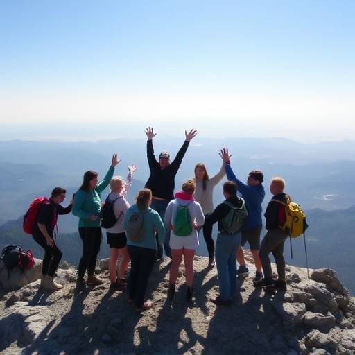 A diverse group of hikers celebrating at the summit of a mountain with panoramic views.