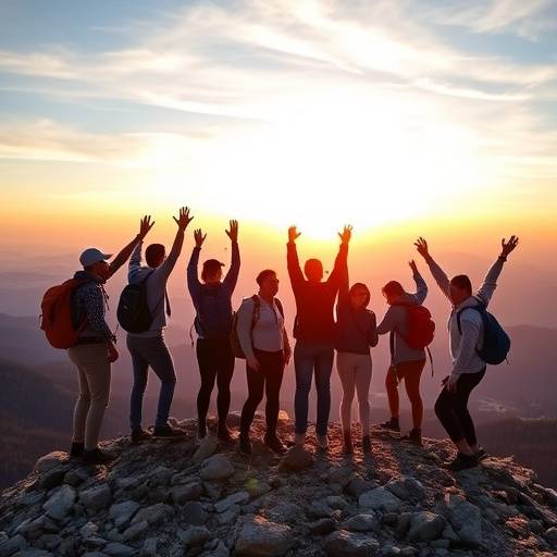 A diverse group of hikers celebrating on a mountain summit with panoramic views.
