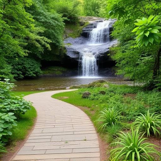 A gentle, paved path leading to a cascading waterfall surrounded by lush green foliage, suitable for an easy day hike.