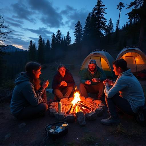 A group of hikers sharing a meal around a campfire at dusk, with tents set up in the background.