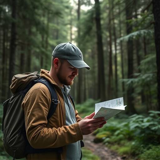 A hiker meticulously consulting a topographical map and compass in a dense forest setting.
