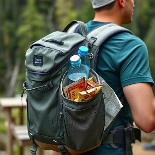 A hiker packing a backpack with essentials like water bottles, snacks, and a map.