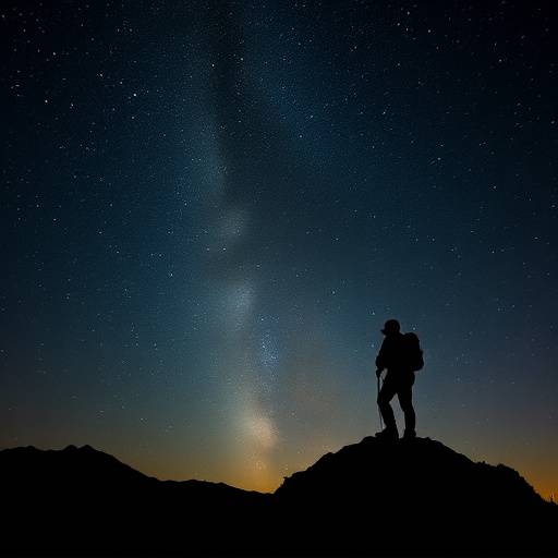A lone hiker standing on a mountaintop, silhouetted against a vast, star-filled night sky.