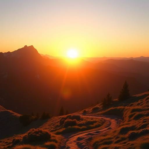 A majestic mountain range bathed in the warm glow of sunrise, with a winding trail in the foreground.