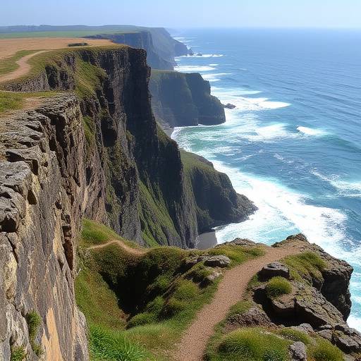 A panoramic view of a rugged coastline with dramatic cliffs and crashing waves, a small hiking trail visible along the clifftop.