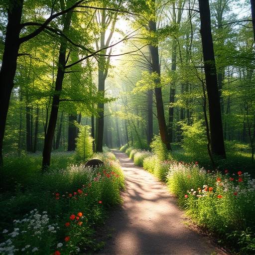 A serene forest path with sunlight filtering through the canopy, illuminating a variety of wildflowers.