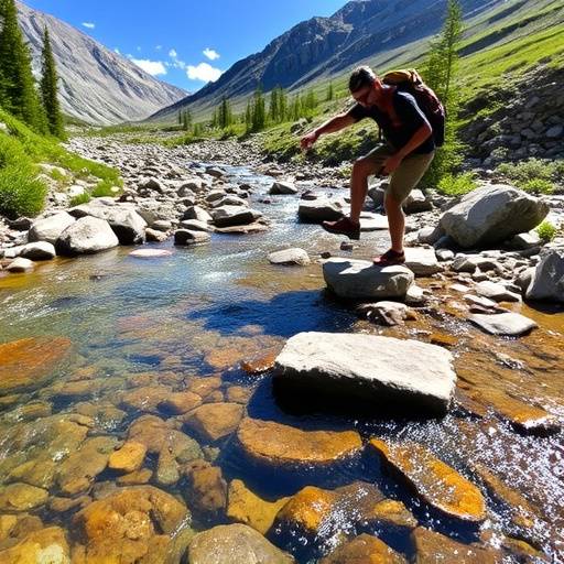 A vibrant photo of a hiker carefully crossing a clear mountain stream using stepping stones.