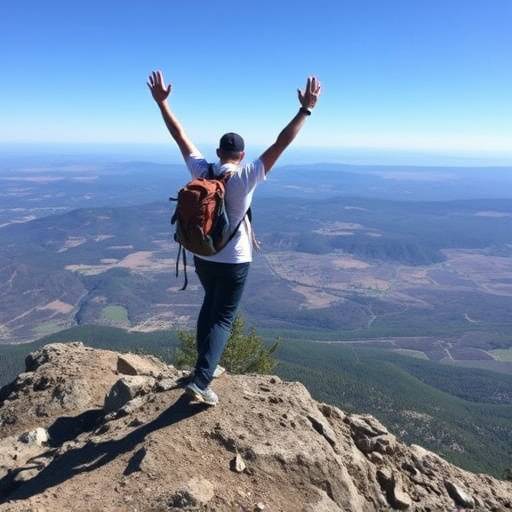 A vibrant shot of a hiker reaching the summit of a moderate hill, arms raised in celebration, with a beautiful landscape stretching out below.