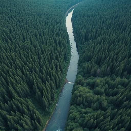 An aerial view of a dense, untouched forest with a river winding through it, suggesting a remote wilderness.