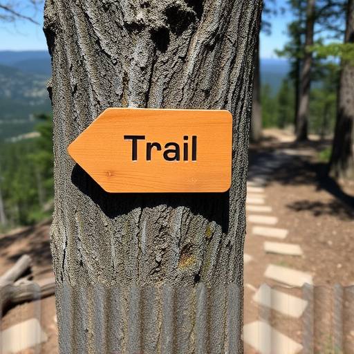 Close-up of a trail marker on a tree trunk pointing towards a scenic mountain path.
