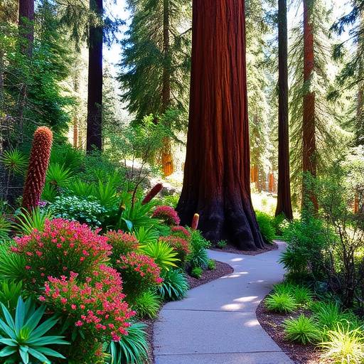Diverse flora and fauna along a winding forest path in Sequoia National Park