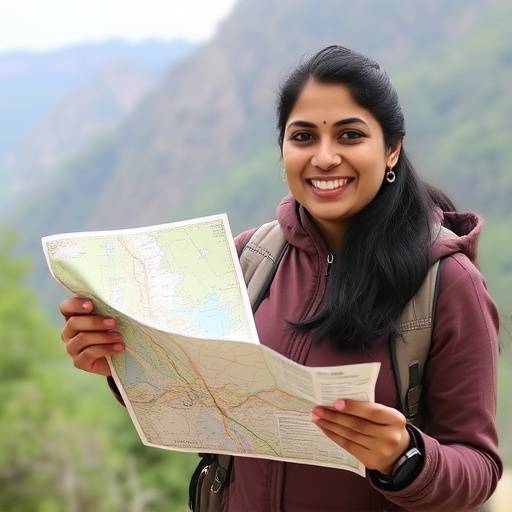 Dr. Anya Sharma, co-founder of Trailblazer Adventures, smiling with a map.