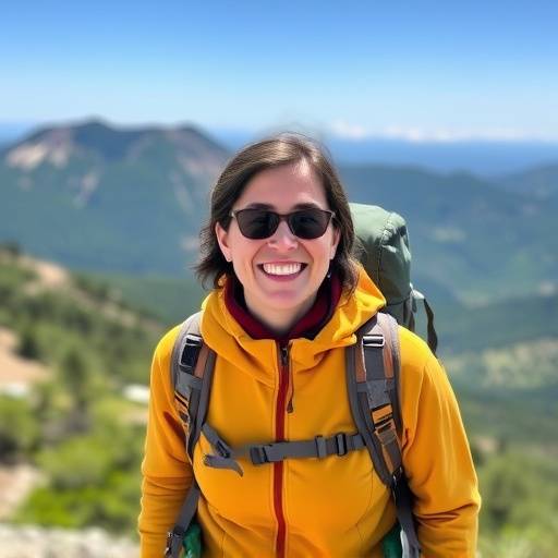 Maria Garcia, a trail guide with hiking gear, looking enthusiastic.