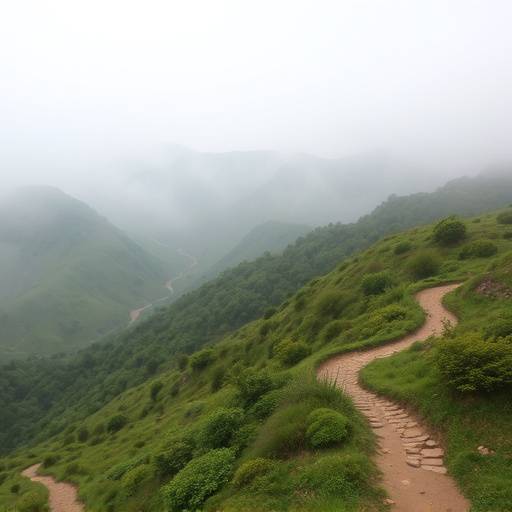 Panoramic view of a misty valley with a winding trail, suggesting a moderate scenic hike.
