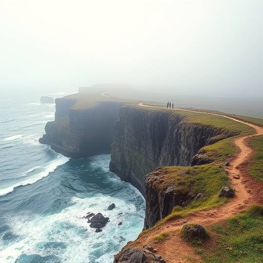 Rugged coastline with crashing waves and a clifftop trail, representing a moderate coastal hike.