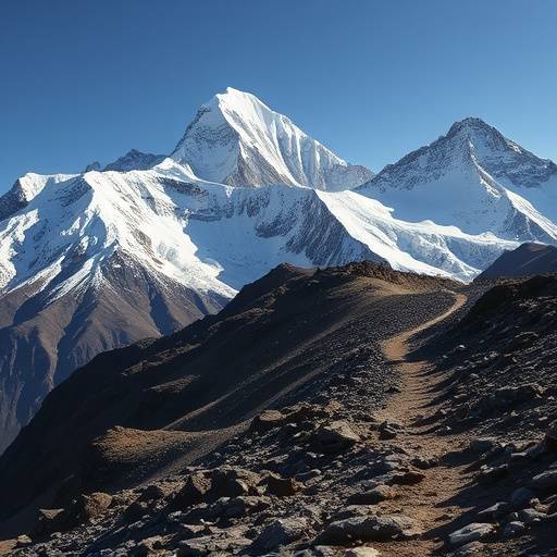 Snow-capped mountain peaks visible from a rugged, high-altitude trail, indicating a challenging multi-day trek.